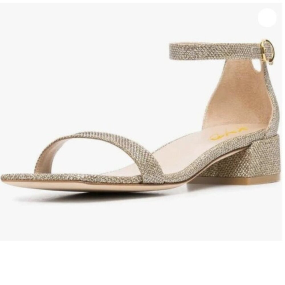 XYD Heels for Women Open Toe Sandals Buckled Low Chunky Block Pumps Glitter-tan